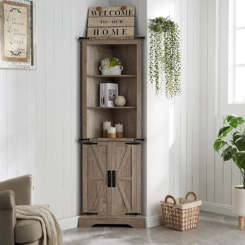 Farmhouse Rustic 68-Inch Tall Corner Storage Cabinet with Barn Door