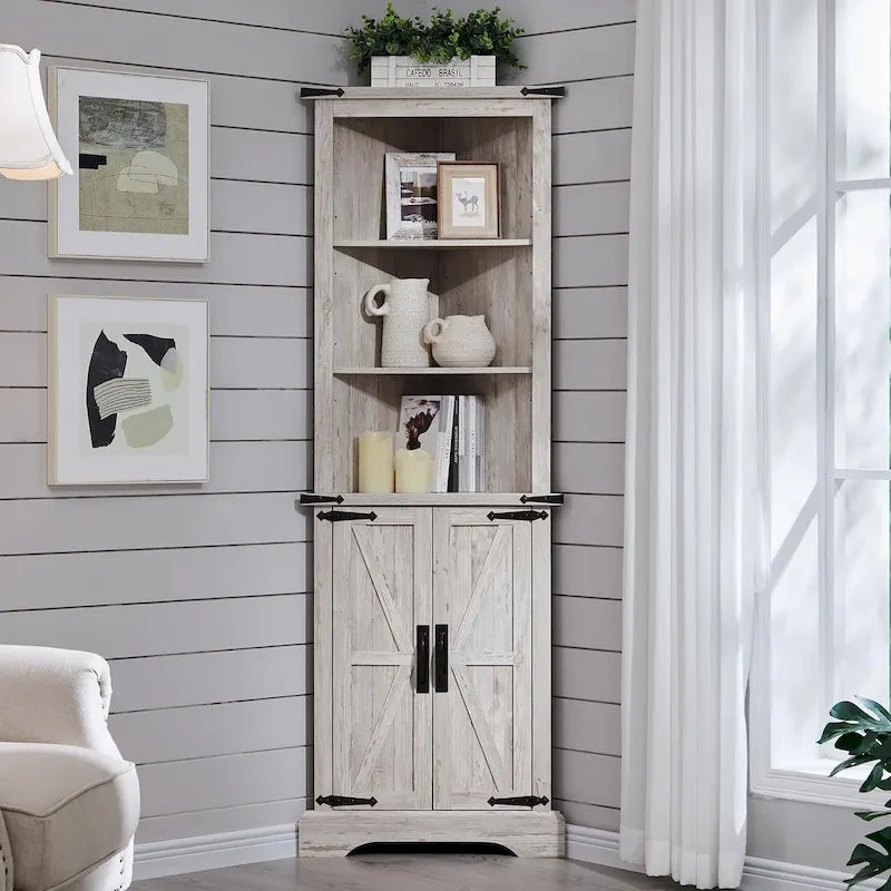 Farmhouse Rustic 68-Inch Tall Corner Storage Cabinet with Barn Door
