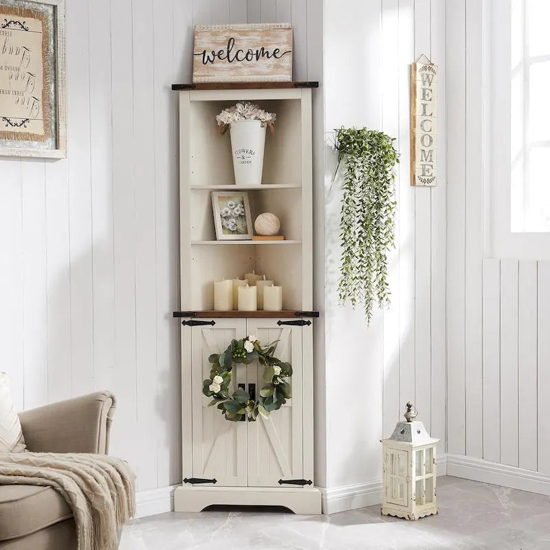 Farmhouse Rustic 68-Inch Tall Corner Storage Cabinet with Barn Door