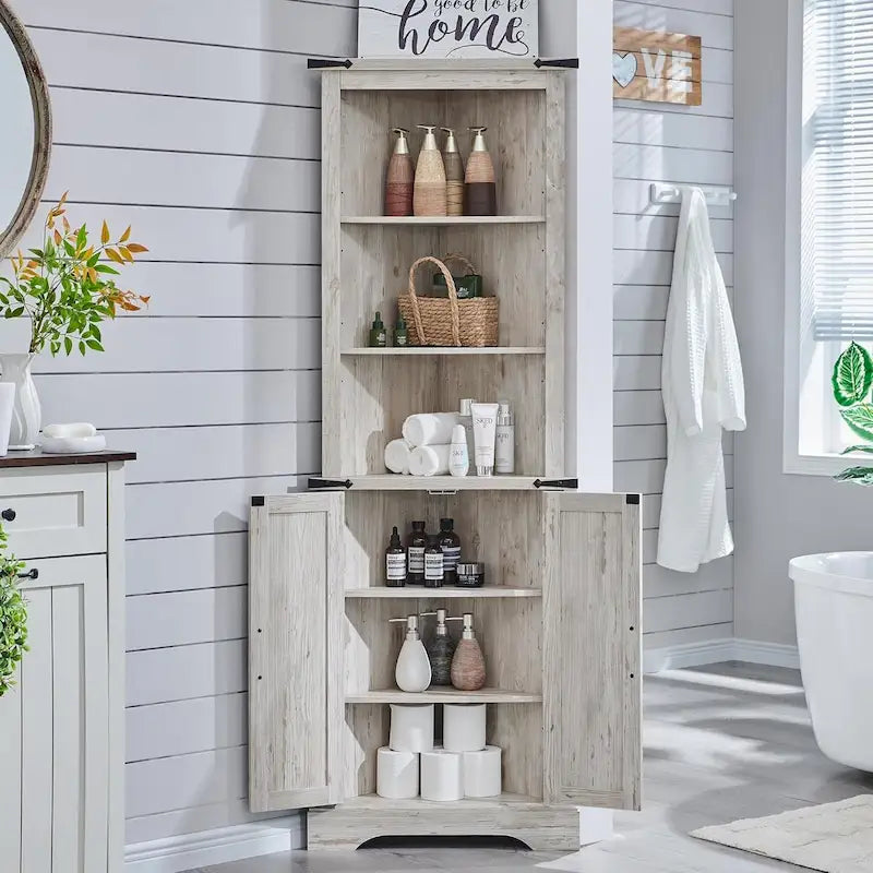 Farmhouse Rustic 68-Inch Tall Corner Storage Cabinet with Barn Door