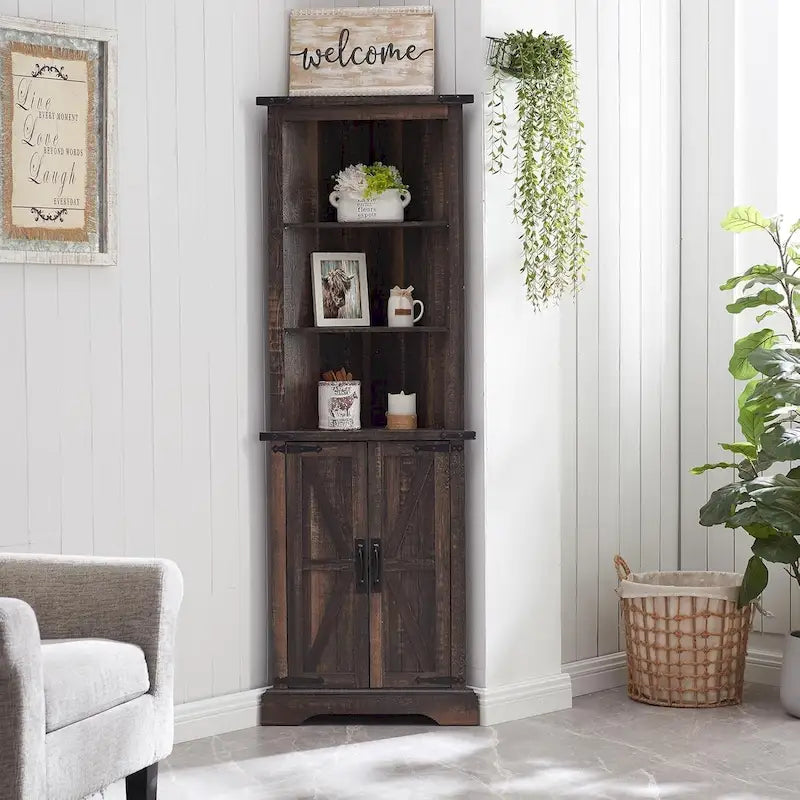 Farmhouse Rustic 68-Inch Tall Corner Storage Cabinet with Barn Door