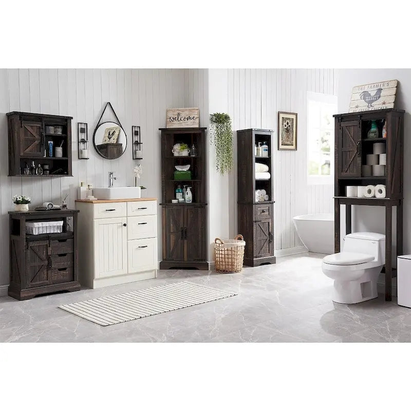 Farmhouse Rustic 68-Inch Tall Corner Storage Cabinet with Barn Door