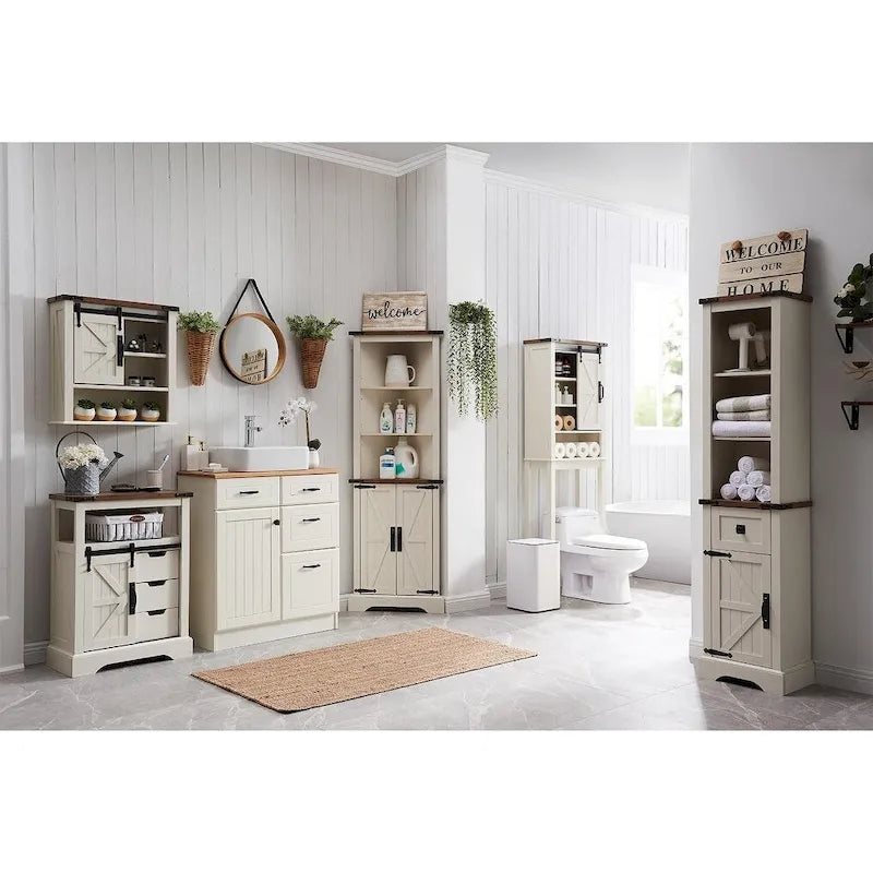 Farmhouse Rustic 68-Inch Tall Corner Storage Cabinet with Barn Door