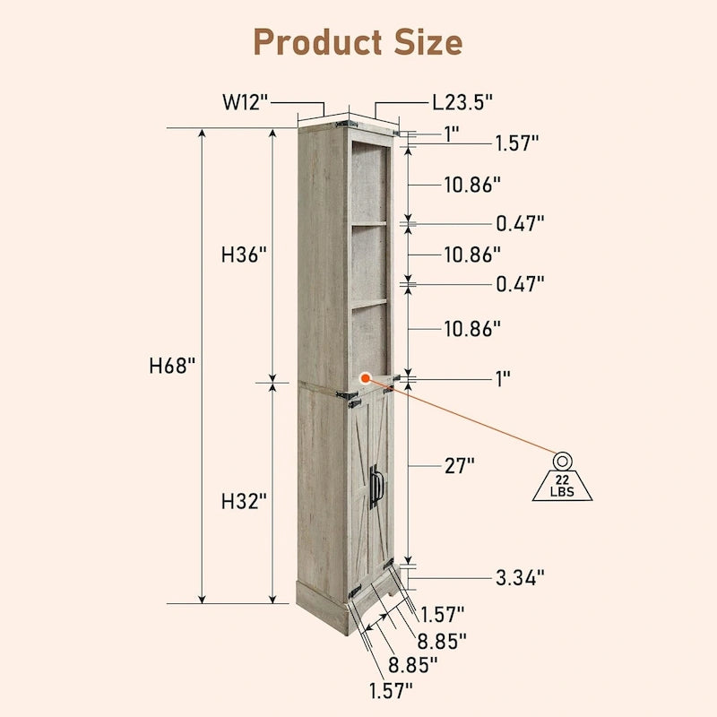 Farmhouse Rustic 68-Inch Tall Corner Storage Cabinet with Barn Door