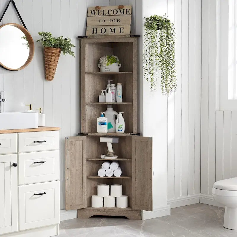 Farmhouse Rustic 68-Inch Tall Corner Storage Cabinet with Barn Door