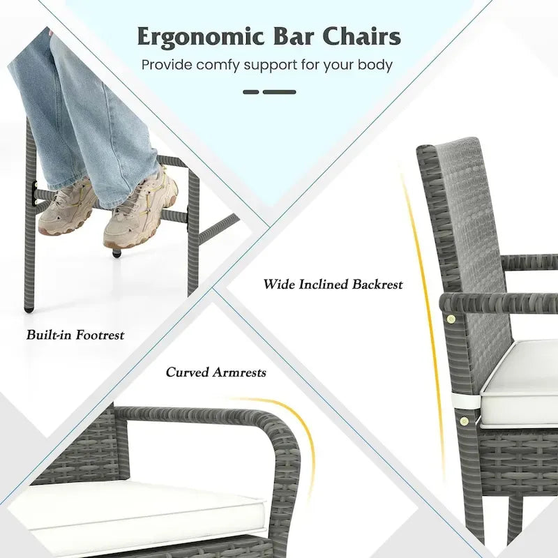 2/4 Pack Outdoor Bar Chairs Set Rattan Bar Stools with Seat Cushions