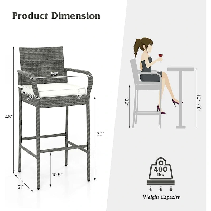 2/4 Pack Outdoor Bar Chairs Set Rattan Bar Stools with Seat Cushions
