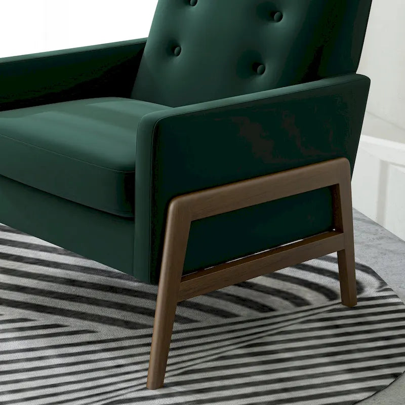 Fauteuil lounge moderne du milieu du siècle en velours vert forêt avec pieds brun noyer