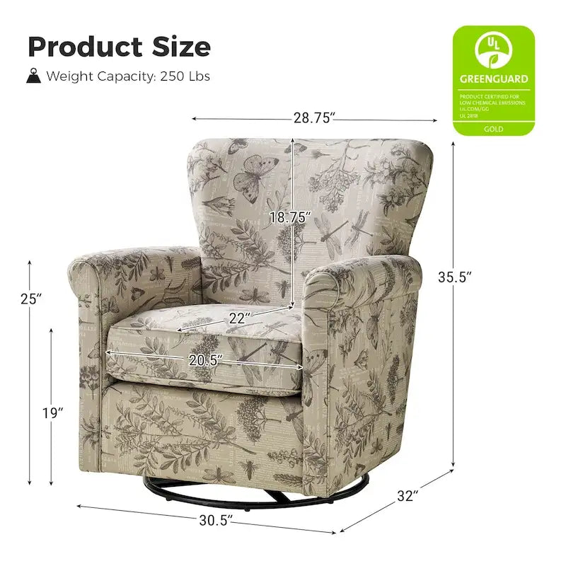 Ensemble de 2 fauteuils à bascule pivotants confortables en tissu floral avec accoudoirs roulés