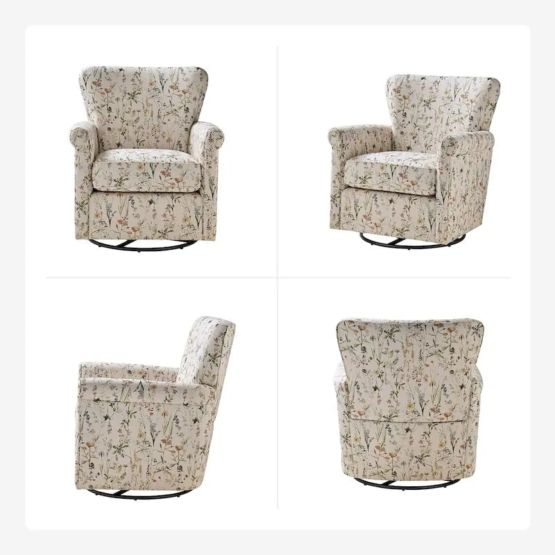 Ensemble de 2 fauteuils à bascule pivotants confortables en tissu floral avec accoudoirs roulés