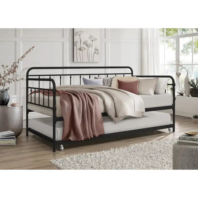 Letto da giorno in metallo con letto estraibile, struttura elegante con design a colonnine