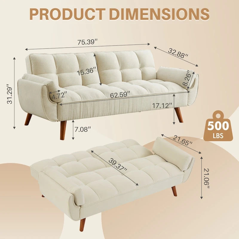 Canapé-lit futon convertible pliant et inclinable avec accoudoir à coussin