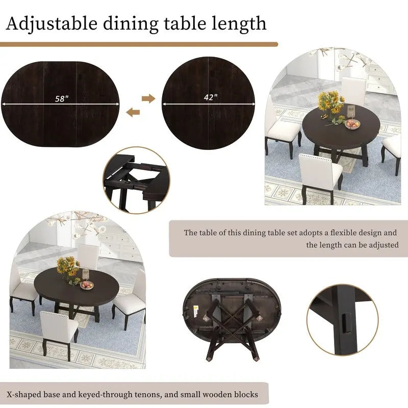 Table à manger ronde extensible de style champêtre avec rallonge de 16 pouces
