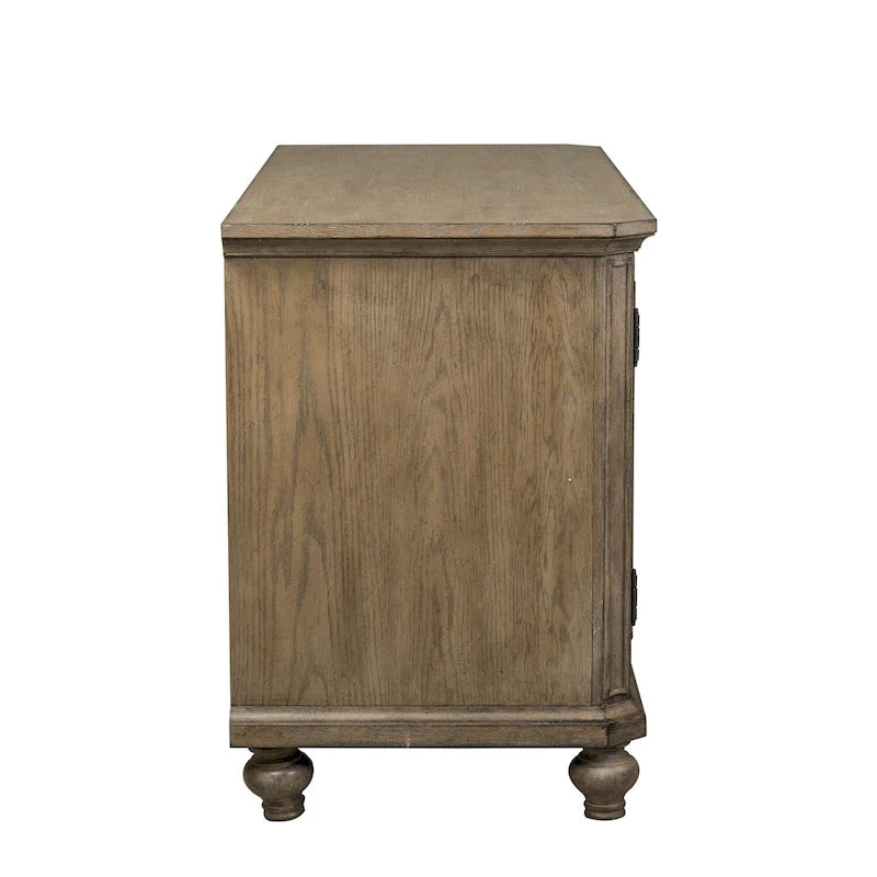 White Brown Heathered Taupe Credenza with Mirrored Doors and Brass Hardware