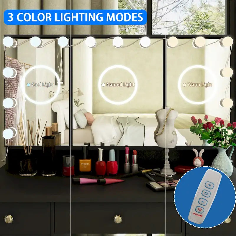 Coiffeuse à 9 tiroirs avec miroir LED et tiroirs à fermeture amortie