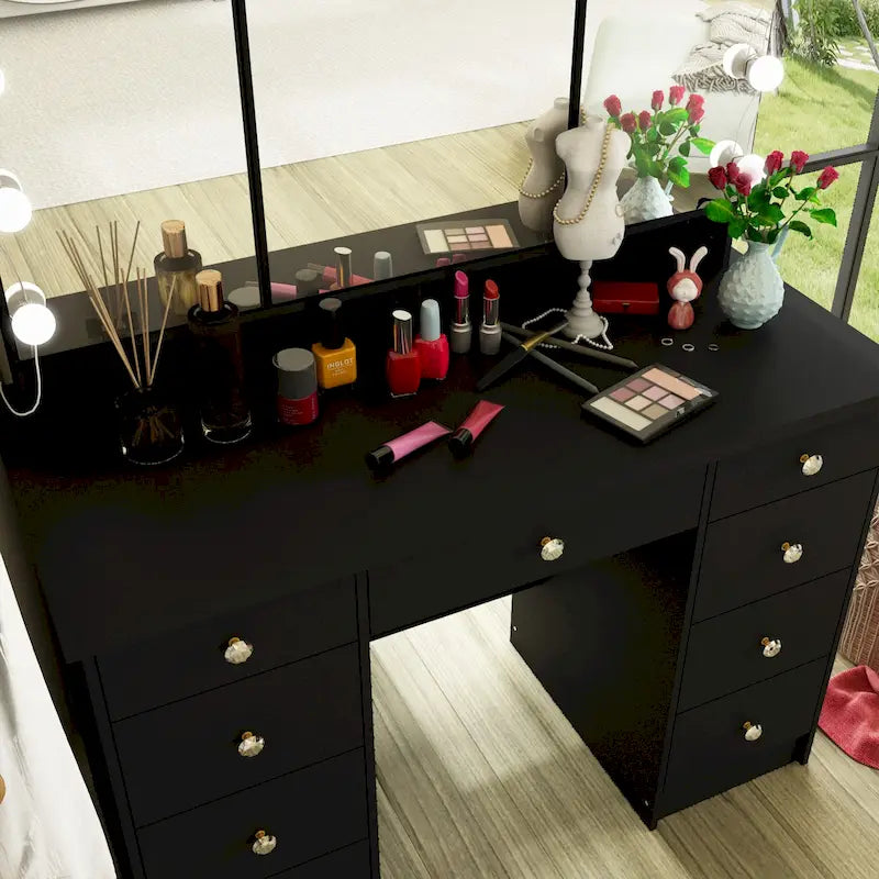 Coiffeuse à 9 tiroirs avec miroir LED et tiroirs à fermeture amortie