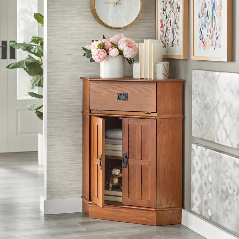 Mission Style Solid Wood Corner Cabinet with Pull-Out Tray and Storage