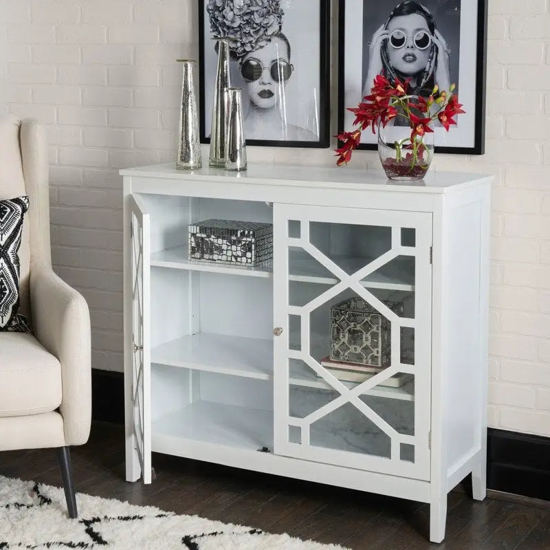 White Large Cabinet with Glass Doors and Three Shelves