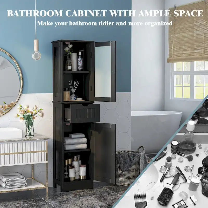 Bathroom Tall Cabinet Freestanding Linen Tower with Doors & Drawer