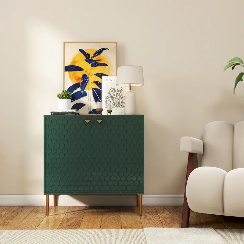 2-Door Storage Cabinet with Adjustable Shelf and Gold Metal Legs Modern Sideboard