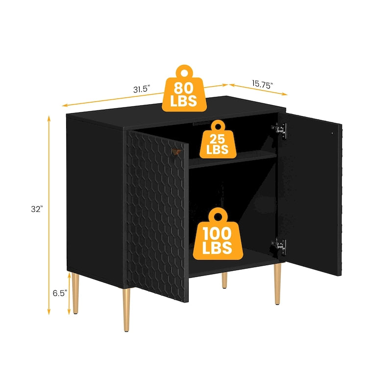 Aufbewahrungsschrank mit 2 Türen, verstellbarem Einlegeboden und goldfarbenen Metallbeinen, modernes Sideboard