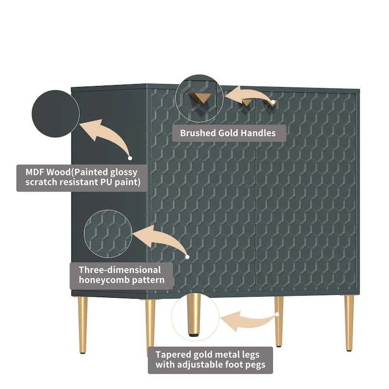 Aufbewahrungsschrank mit 2 Türen, verstellbarem Einlegeboden und goldfarbenen Metallbeinen, modernes Sideboard