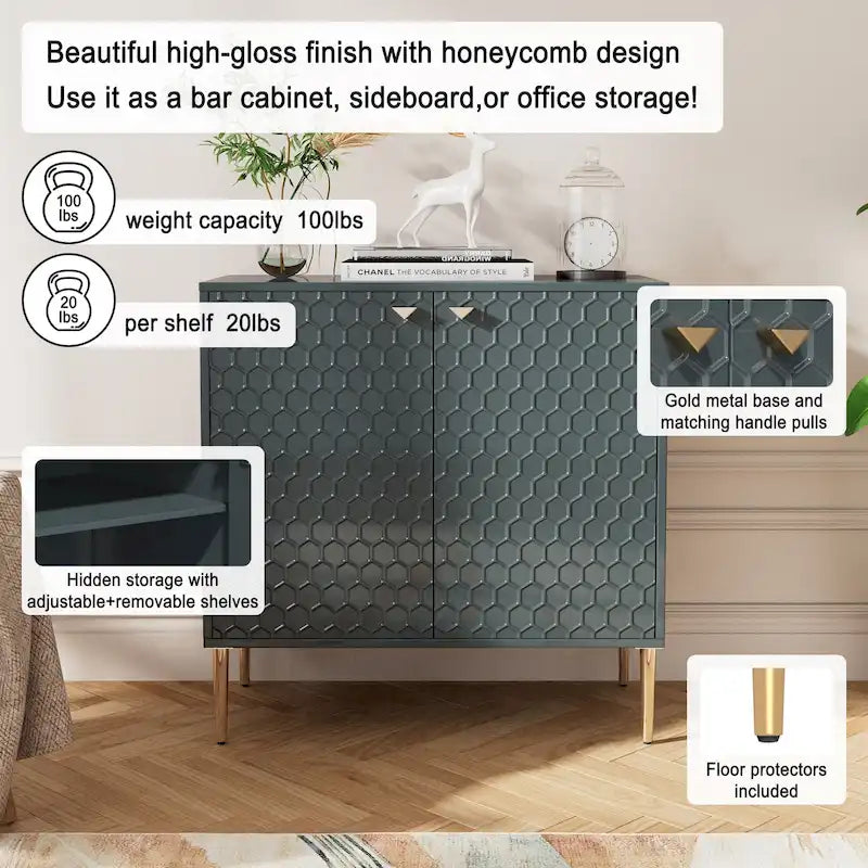 Aufbewahrungsschrank mit 2 Türen, verstellbarem Einlegeboden und goldfarbenen Metallbeinen, modernes Sideboard