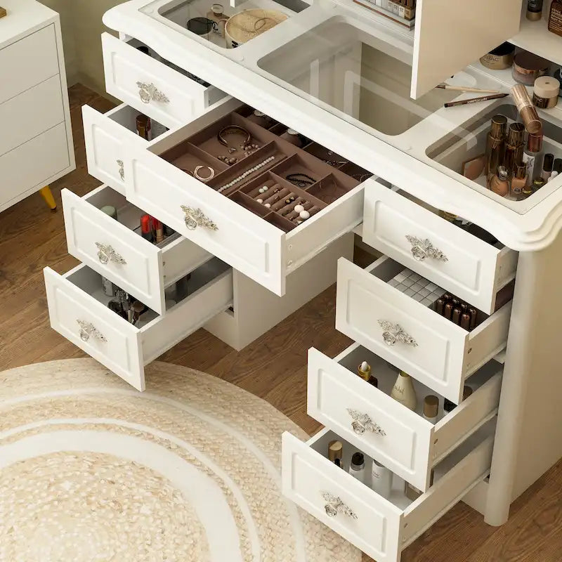 Toletta trucco bianca da 43.3W con specchio e nove cassetti