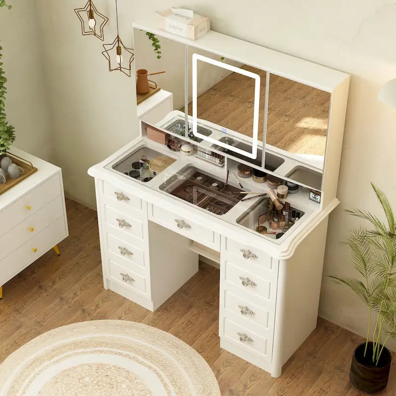 Toletta trucco bianca da 43.3W con specchio e nove cassetti