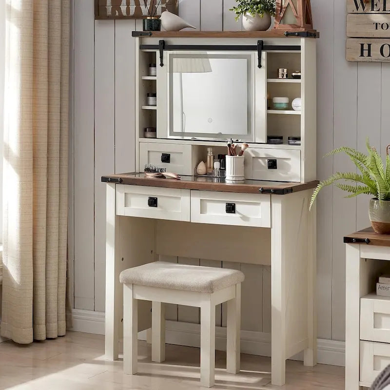 Coiffeuse de style maison de campagne avec miroir et tabouret rembourré