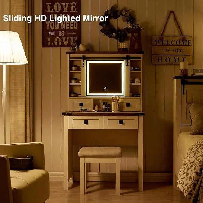 Coiffeuse de style maison de campagne avec miroir et tabouret rembourré
