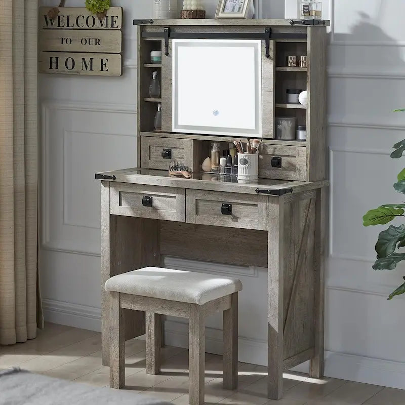 Coiffeuse de style maison de campagne avec miroir et tabouret rembourré