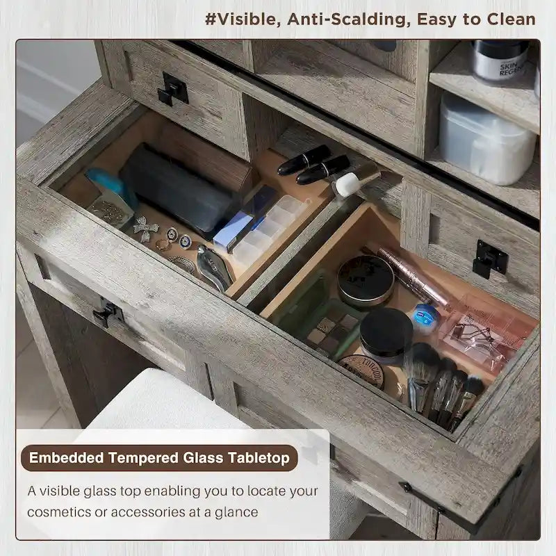 Coiffeuse de style maison de campagne avec miroir et tabouret rembourré
