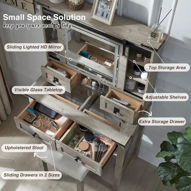 Coiffeuse de style maison de campagne avec miroir et tabouret rembourré