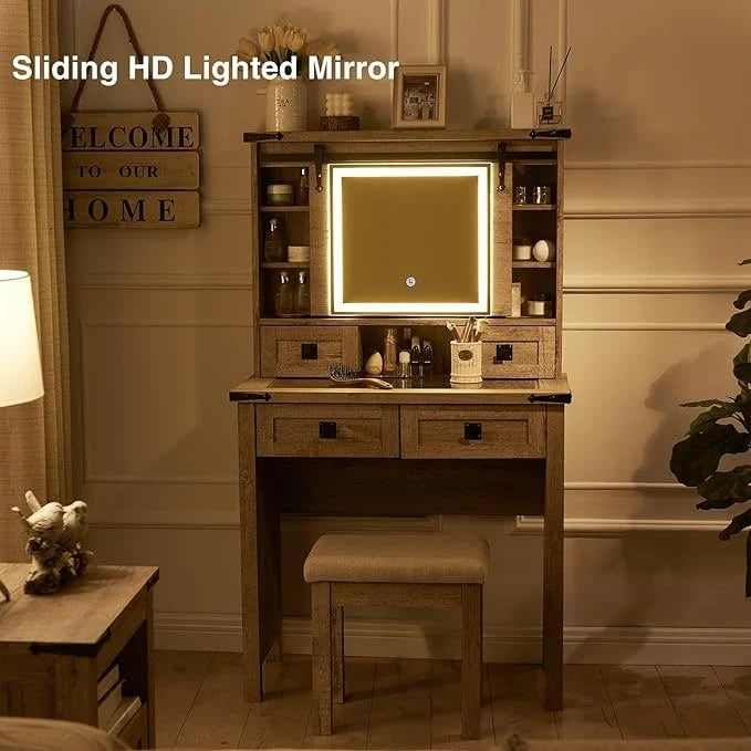 Coiffeuse de style maison de campagne avec miroir et tabouret rembourré