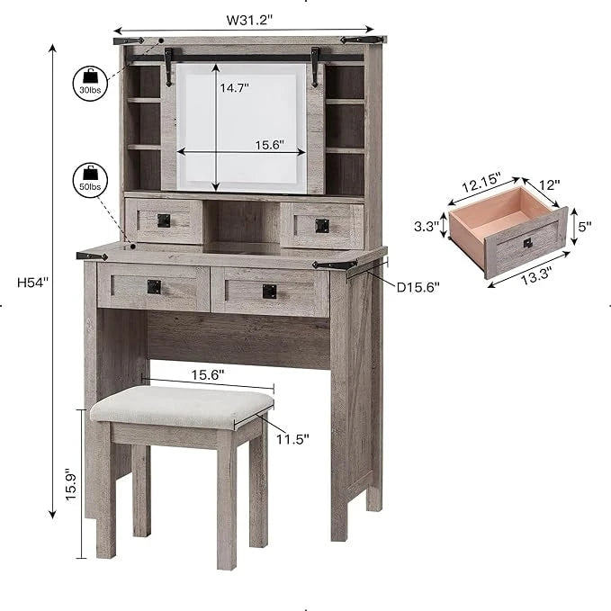 Coiffeuse de style maison de campagne avec miroir et tabouret rembourré