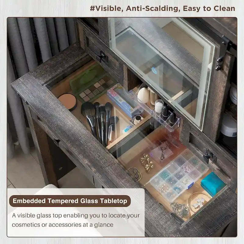 Coiffeuse de style maison de campagne avec miroir et tabouret rembourré