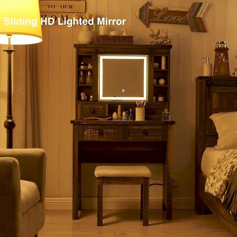 Coiffeuse de style maison de campagne avec miroir et tabouret rembourré