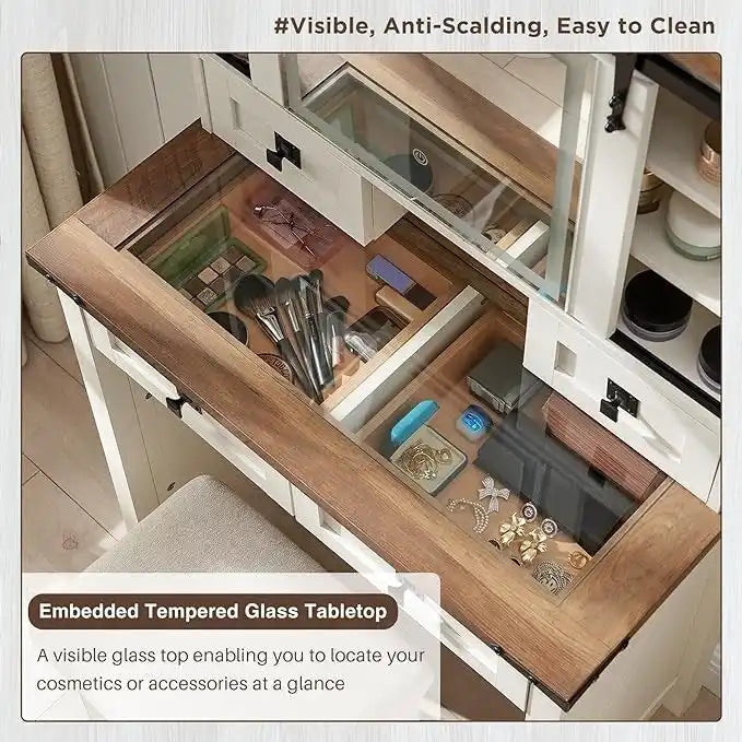 Coiffeuse de style maison de campagne avec miroir et tabouret rembourré