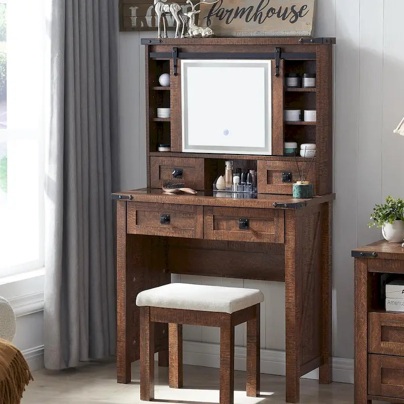 Coiffeuse de style maison de campagne avec miroir et tabouret rembourré