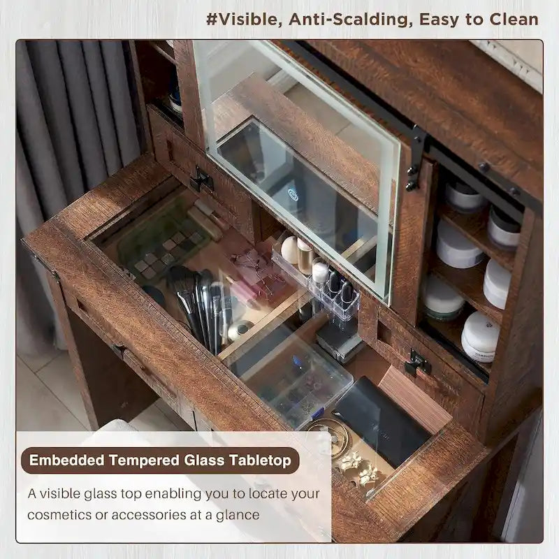 Coiffeuse de style maison de campagne avec miroir et tabouret rembourré