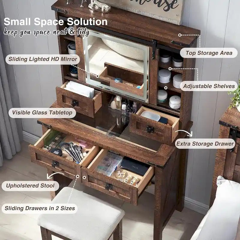 Coiffeuse de style maison de campagne avec miroir et tabouret rembourré