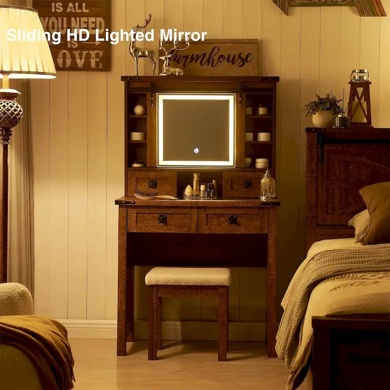 Coiffeuse de style maison de campagne avec miroir et tabouret rembourré