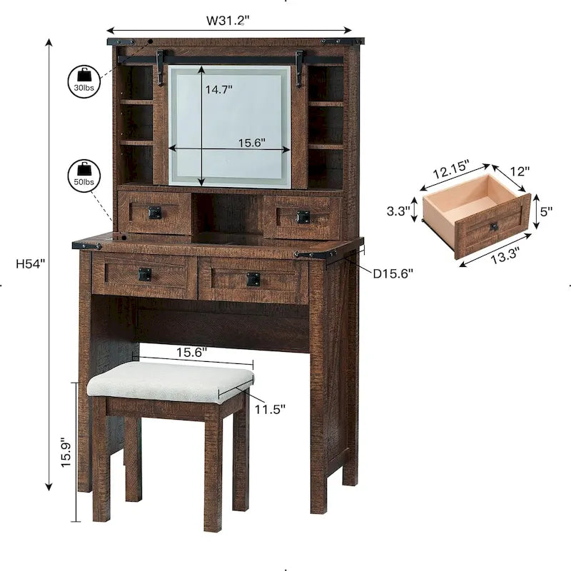 Coiffeuse de style maison de campagne avec miroir et tabouret rembourré