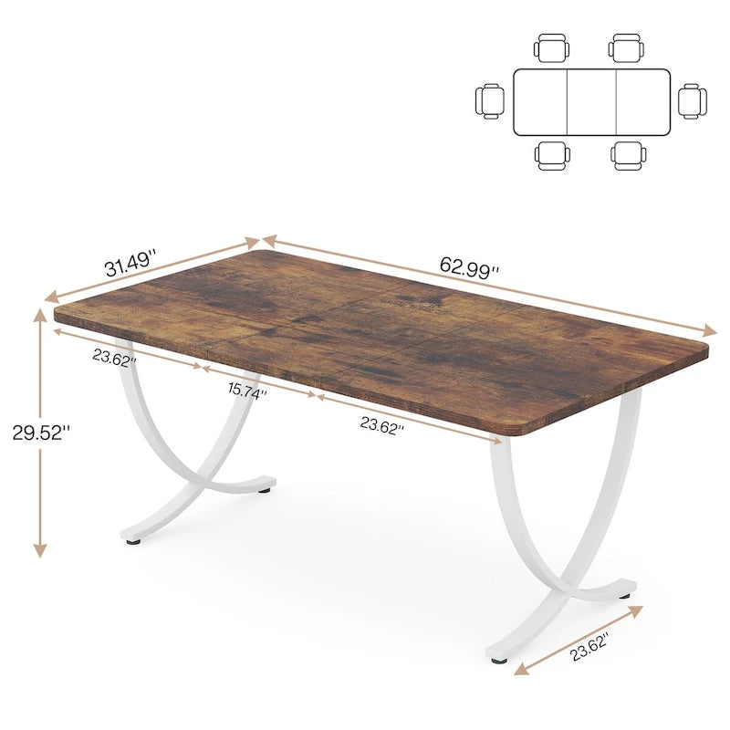 Table à manger rectangulaire de 63 pouces pour 4 à 6 personnes, avec plateau imitation marbre et pieds en métal doré