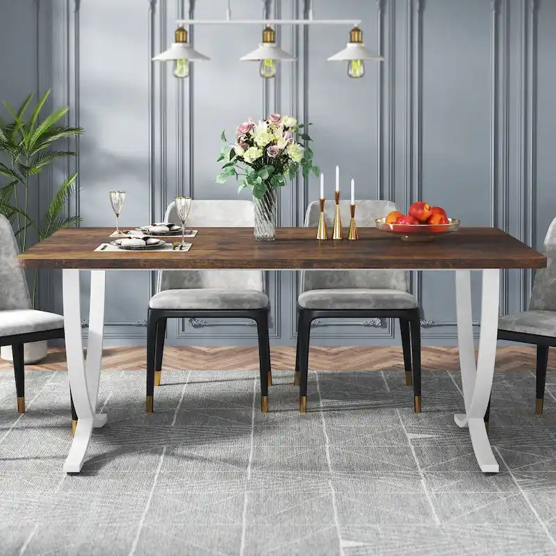 Table à manger rectangulaire de 63 pouces pour 4 à 6 personnes, avec plateau imitation marbre et pieds en métal doré